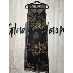 90's Asian‎ Themed Midi Dress 2 Pc Mesh Overlay floral Romance Fairy Whimsigoth